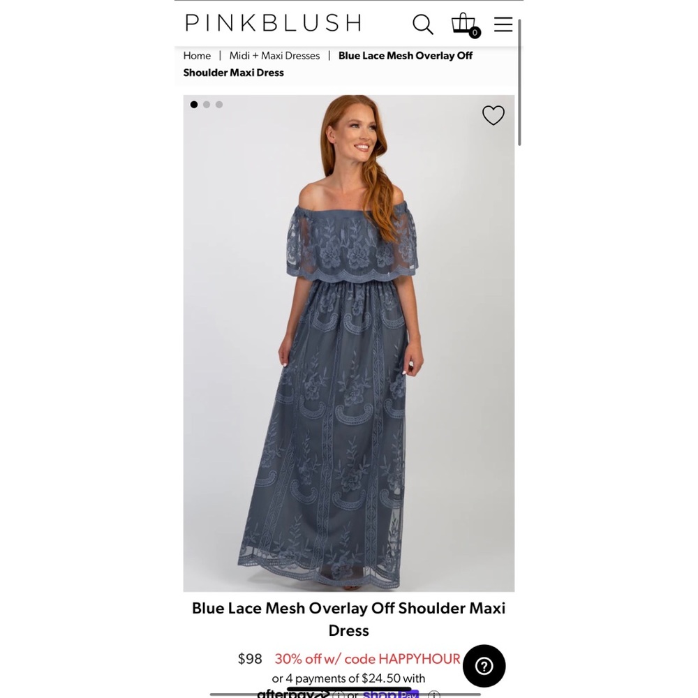 Pinkblush brand Blue Lace Mesh Overlay Off Shoulder Maxi Dress.